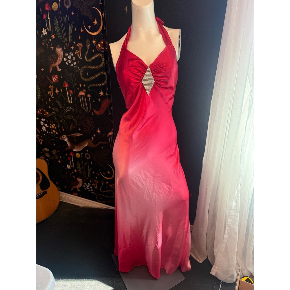Y2K Pink Satin Halter Neckwith Rhinestone Detail and Ruched Back Dress